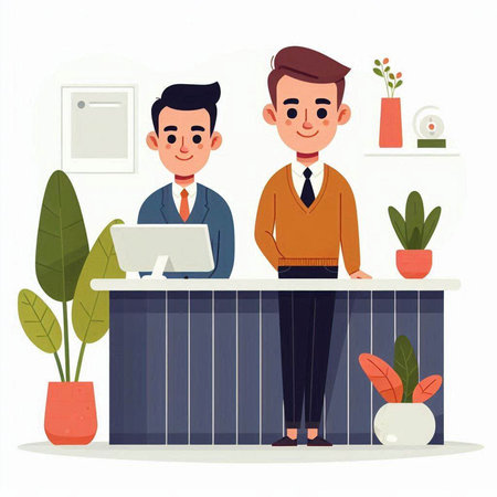 Two businessmen working at the office. Vector illustration in a flat styleのイラスト素材