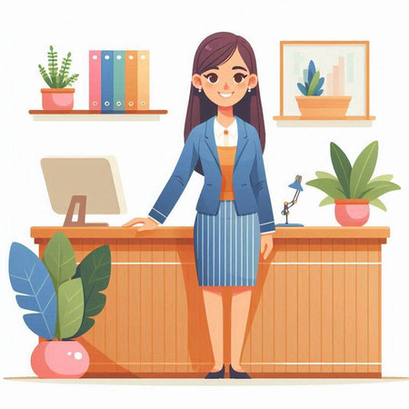 Young business woman working at the office. Vector illustration in cartoon styleのイラスト素材