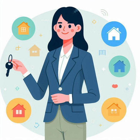 Real estate agent woman holding keys to her new house. Vector illustration.のイラスト素材