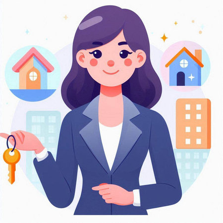 Real estate agent woman with keys in hand. Vector illustration in cartoon style.のイラスト素材