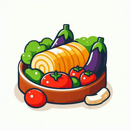 Illustration of fresh vegetables on a wooden plate isolated on white backgroundのイラスト素材