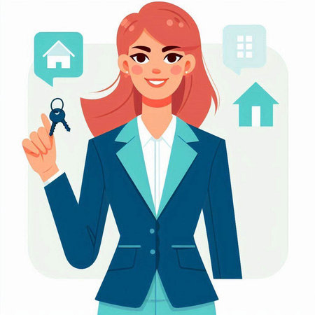 Real estate agent woman with keys in hand. Cartoon vector illustration.のイラスト素材