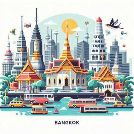 Bangkok cityscape with famous landmarks, vector illustration in flat styleのイラスト素材