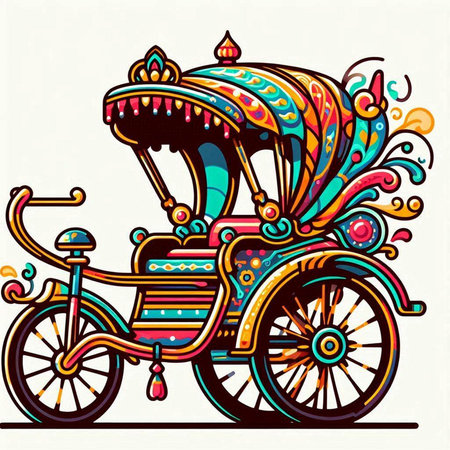 Colorful Indian trishaw with floral ornament. Vector illustration.のイラスト素材