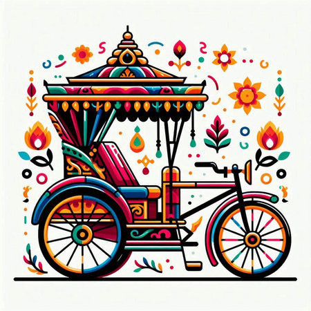 Colorful Indian trishaw with floral ornament. Vector illustration.のイラスト素材