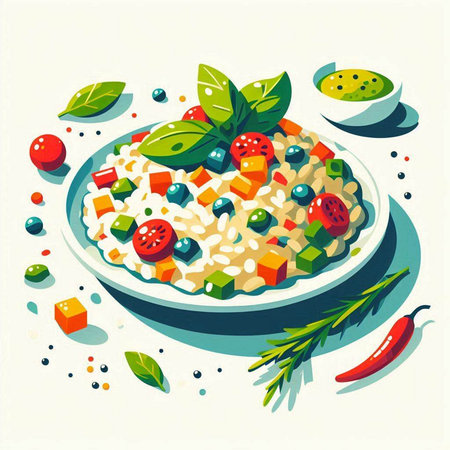 Risotto with vegetables, cheese and herbs. Vector illustration.のイラスト素材