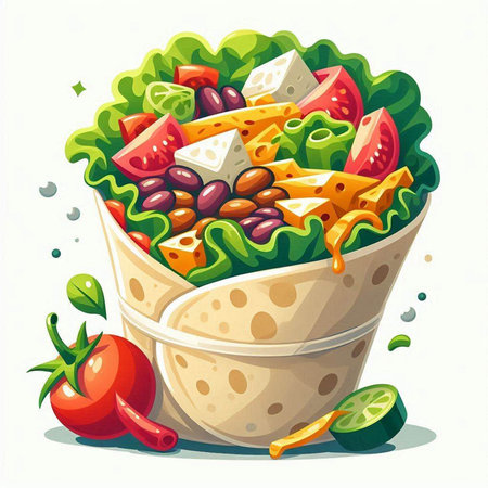 Vector illustration of a bowl of salad with olives, tomatoes and cheeseのイラスト素材