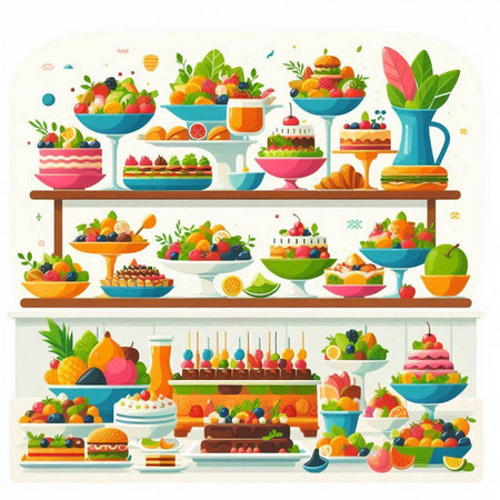 Fruit shop shelves with different fruits and berries. Flat style vector illustration.のイラスト素材