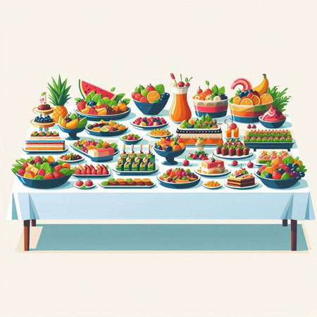 Vector illustration of a table with a lot of different fruits and cakesのイラスト素材
