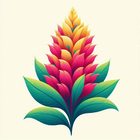 tropical flower with green leaves and red petals, vector illustrationのイラスト素材