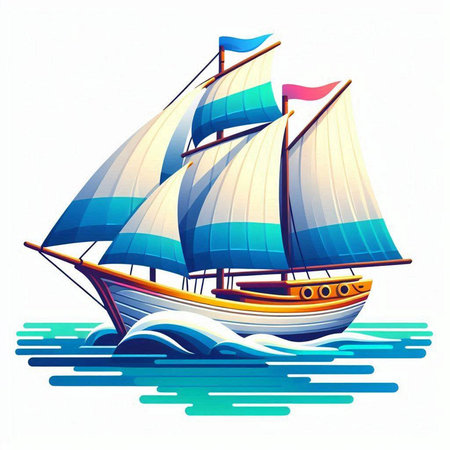 Sailing ship with blue sails on the sea. Vector illustration.のイラスト素材