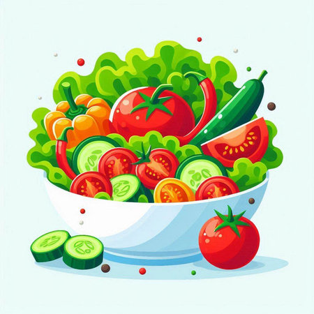 Vegetable salad in a bowl with tomatoes, cucumbers, peppers. Vector illustration.のイラスト素材