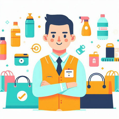 Vector illustration of a man in a supermarket with a lot of productsのイラスト素材