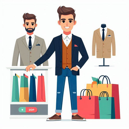 Vector illustration of a man in a business suit with shopping bags in the store.のイラスト素材