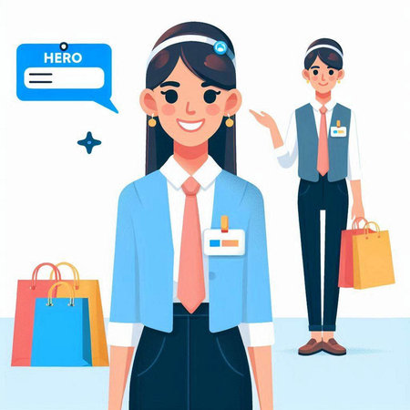Hotel staff with shopping bags and speech bubble. Vector illustration.のイラスト素材