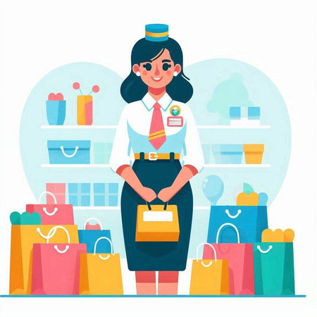 Stewardess in uniform with shopping bags in the store. Flat vector illustration.のイラスト素材