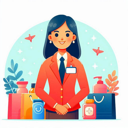 Illustration of a beautiful woman in a red suit standing in front of shopping bags and holding a credit cardのイラスト素材