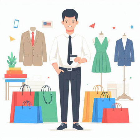 Man with shopping bags and clothes. Vector illustration in cartoon style.のイラスト素材