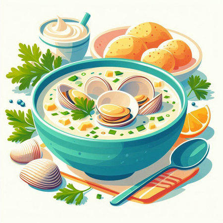 Seafood soup with clams, clams and parsley. Vector illustration.のイラスト素材