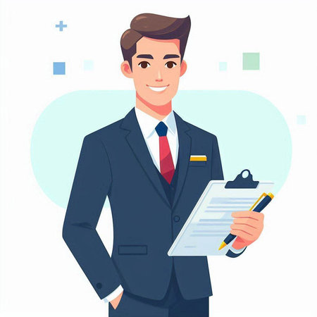 Young man in suit holding clipboard and pen. Vector illustration in cartoon styleのイラスト素材