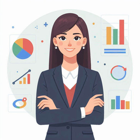 Young businesswoman standing with crossed arms. Vector illustration in cartoon style.のイラスト素材