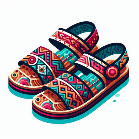 Vector illustration of a pair of colorful wooden slippers, isolated on white background.のイラスト素材