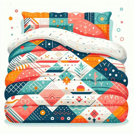 Vector illustration of bed with pillows. Colorful geometric background.のイラスト素材
