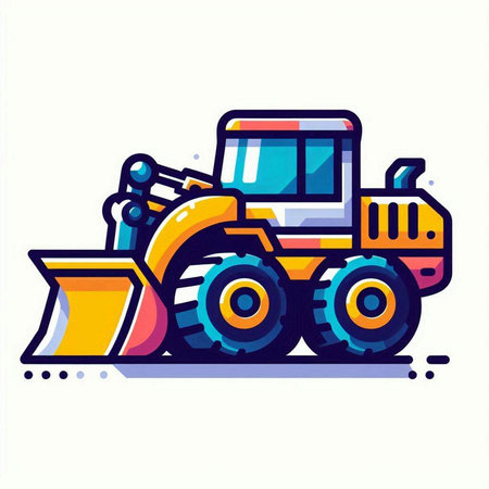 Bulldozer flat vector illustration. Road construction equipment isolated cartoon icon.のイラスト素材