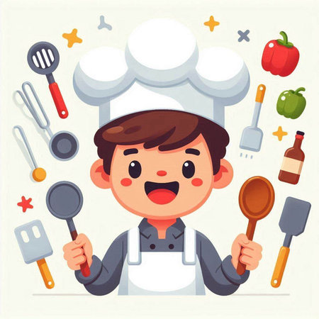 Cute boy chef with kitchen tools. Vector illustration in cartoon styleのイラスト素材