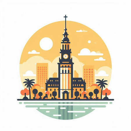 Cityscape with church in flat style. Vector illustration for web design.のイラスト素材