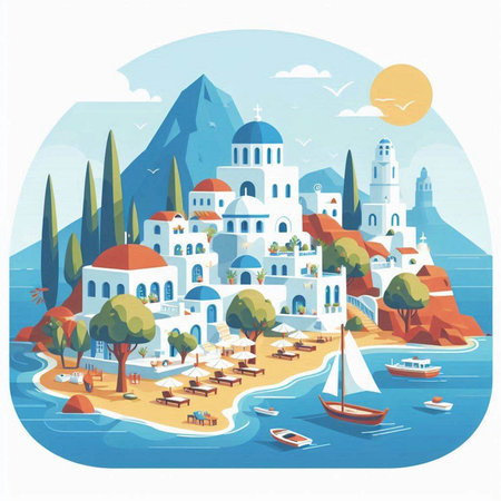 Santorini island in Greece. Vector illustration in flat styleのイラスト素材