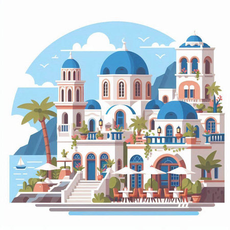 Flat style vector illustration of a beautiful Greek island in the sea.のイラスト素材