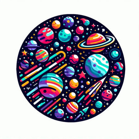 Colorful space background with planets, stars, comets. Vector illustrationのイラスト素材
