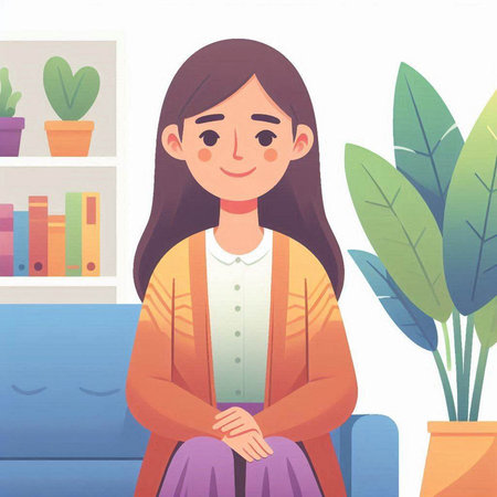 Young woman sitting on the sofa in the living room. Vector illustration.のイラスト素材