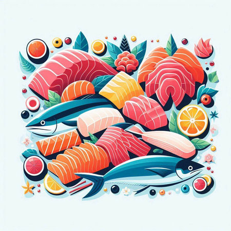 Vector illustration of fresh salmon, tuna, shrimp, squid and seaweed.のイラスト素材