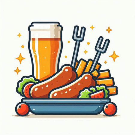 Vector illustration of a glass of beer with grilled sausages on a plateのイラスト素材