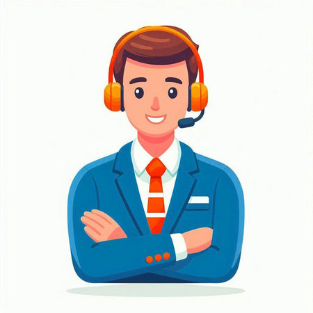 Vector illustration of a man in a business suit with a headset. Flat style.のイラスト素材