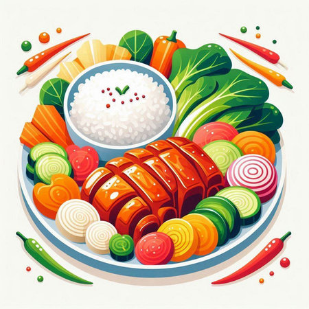 Rice and vegetables on a plate. Vector illustration of food.のイラスト素材