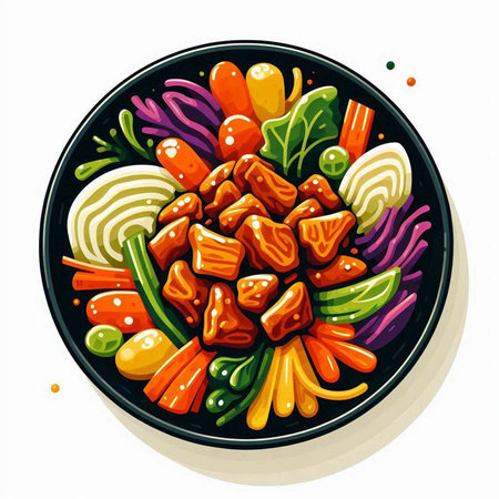 Vegetable salad with tofu. Vector illustration of vegetarian food.のイラスト素材