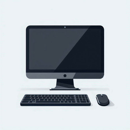 Desktop computer with keyboard and mouse. Vector illustration isolated on white background.のイラスト素材