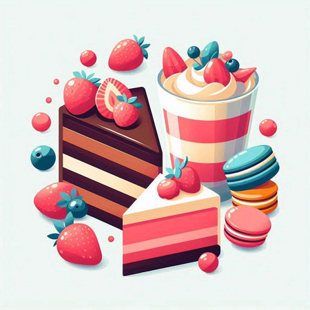 vector illustration of sweet dessert - chocolate cake with strawberry and macaroonのイラスト素材