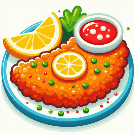 Illustration of a plate of fish fillet with tomato sauce and lemonのイラスト素材