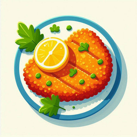 Fish cake with lemon and parsley on a plate. Vector illustration.のイラスト素材