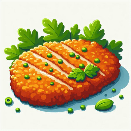 Illustration of fried chicken fillet with parsley and green peasのイラスト素材