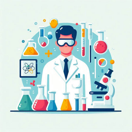 Scientist in laboratory. Vector illustration in flat style. Science, chemistry, biology, medicine concept.のイラスト素材