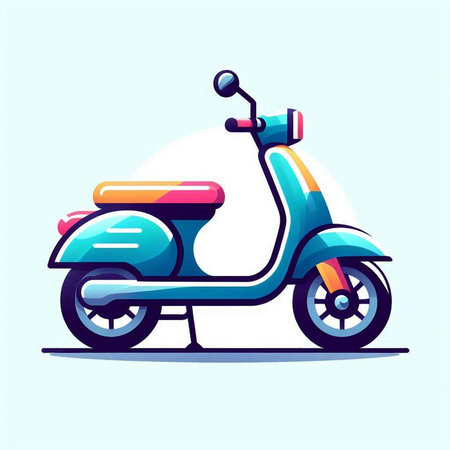 Colorful scooter on blue background. Vector illustration in cartoon style.のイラスト素材