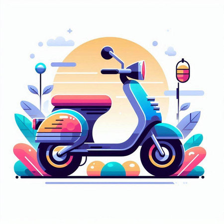 Colorful scooter on the background of the city. Vector illustrationのイラスト素材