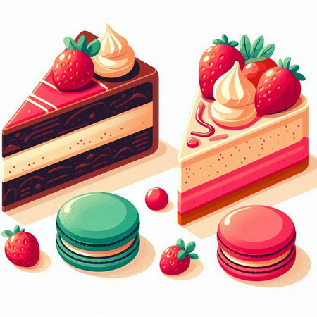 A set of different cakes and macaroons. Vector illustration.のイラスト素材