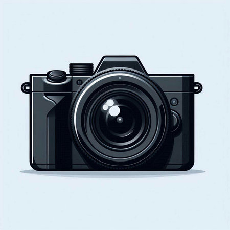 Camera icon. Vector illustration of a black camera on a blue background.のイラスト素材