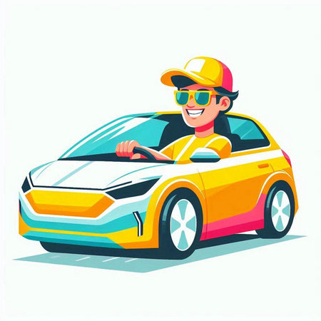 Cartoon vector illustration of smiling man in yellow cap and sunglasses driving carのイラスト素材